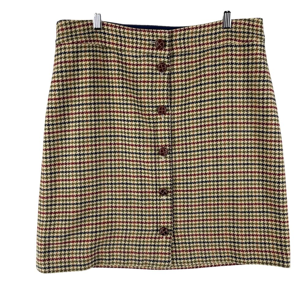 Talbots WMNS Houndstooth Wool Blend Button Front Skirt SZ 14 Tan/Green/Burgundy